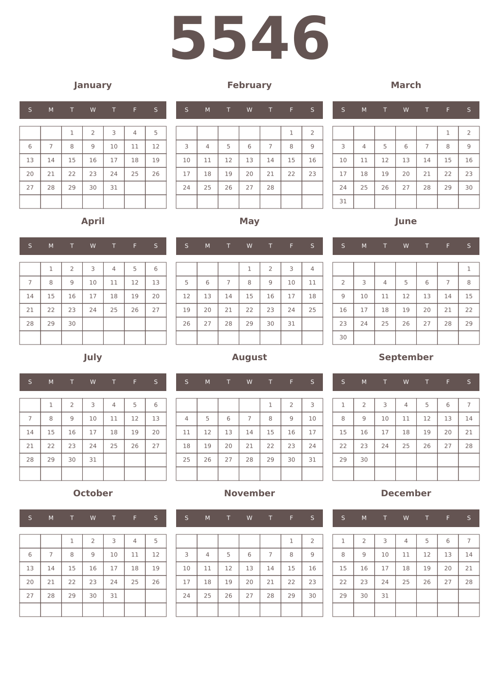 Printable 5546 Year Calendars wenge