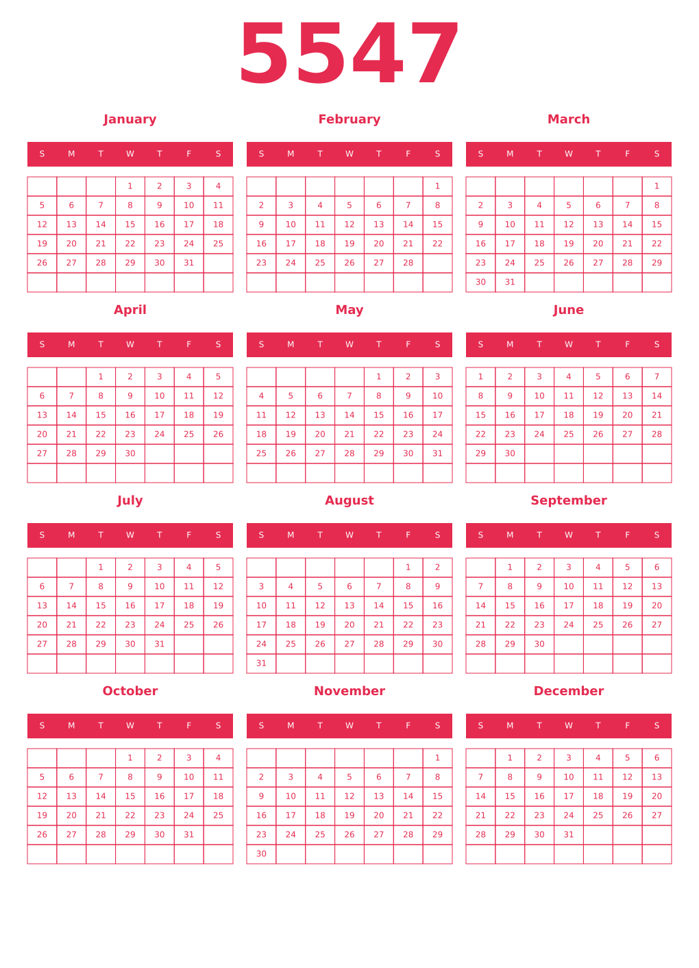 Printable 5547 Year Calendars amaranth
