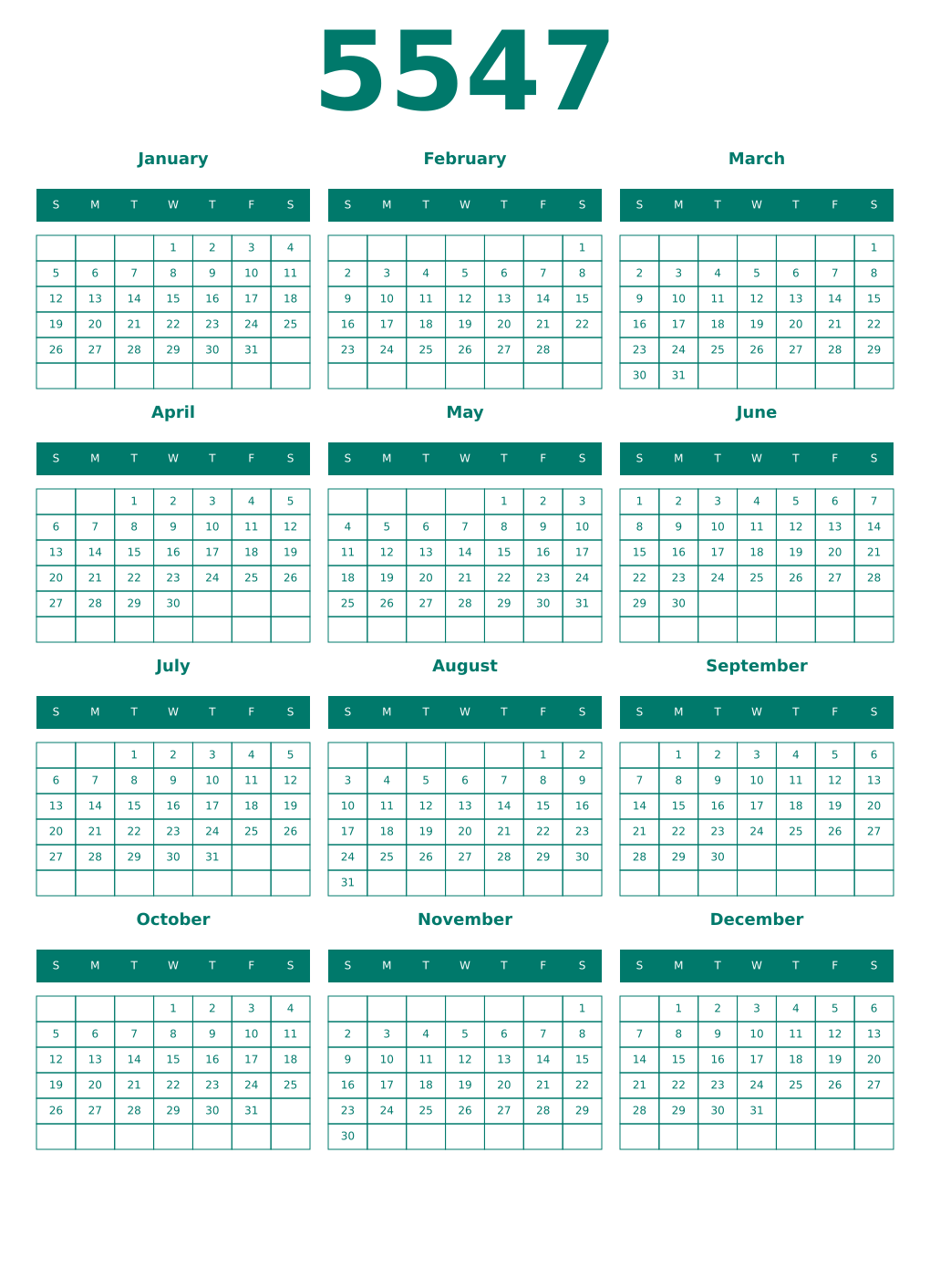 Printable 5547 Year Calendars pastel