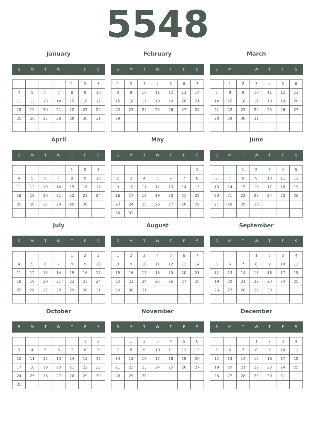 Printable 5548 Year Calendars feldgrau
