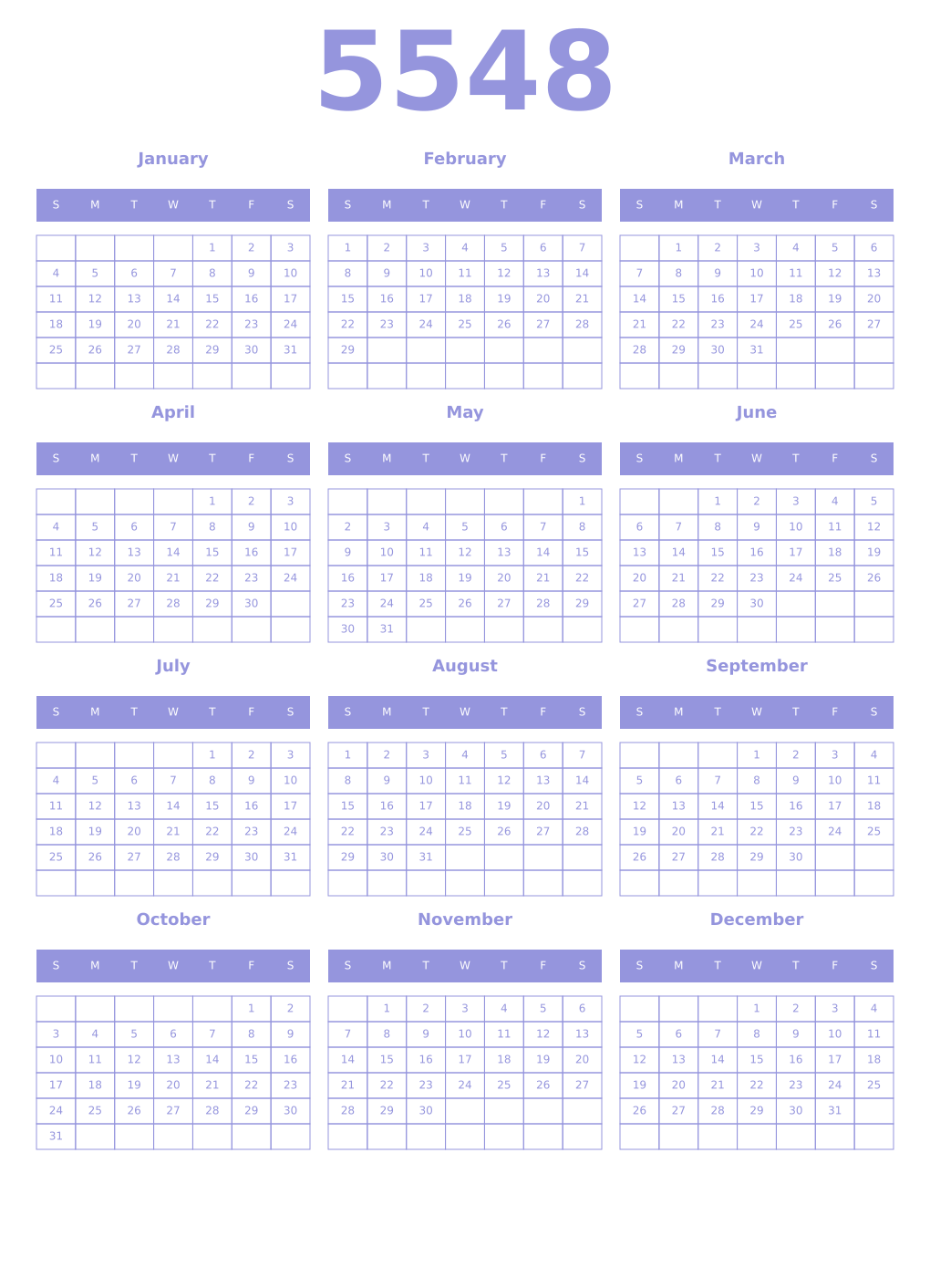 Printable 5548 Year Calendars periwinkle