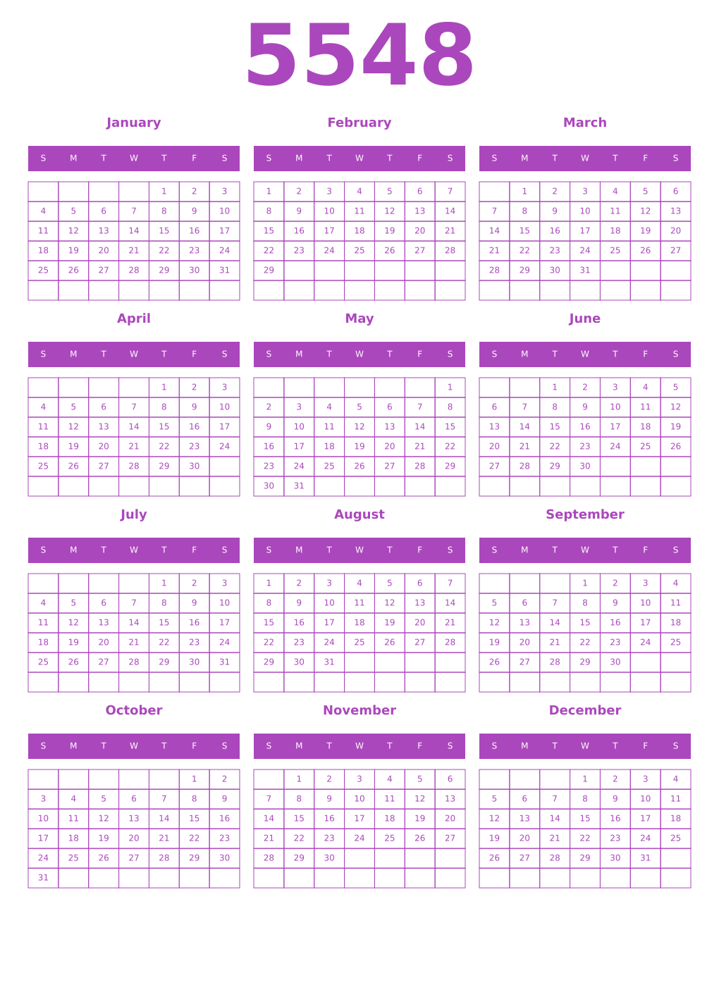 Printable 5548 Year Calendars purple