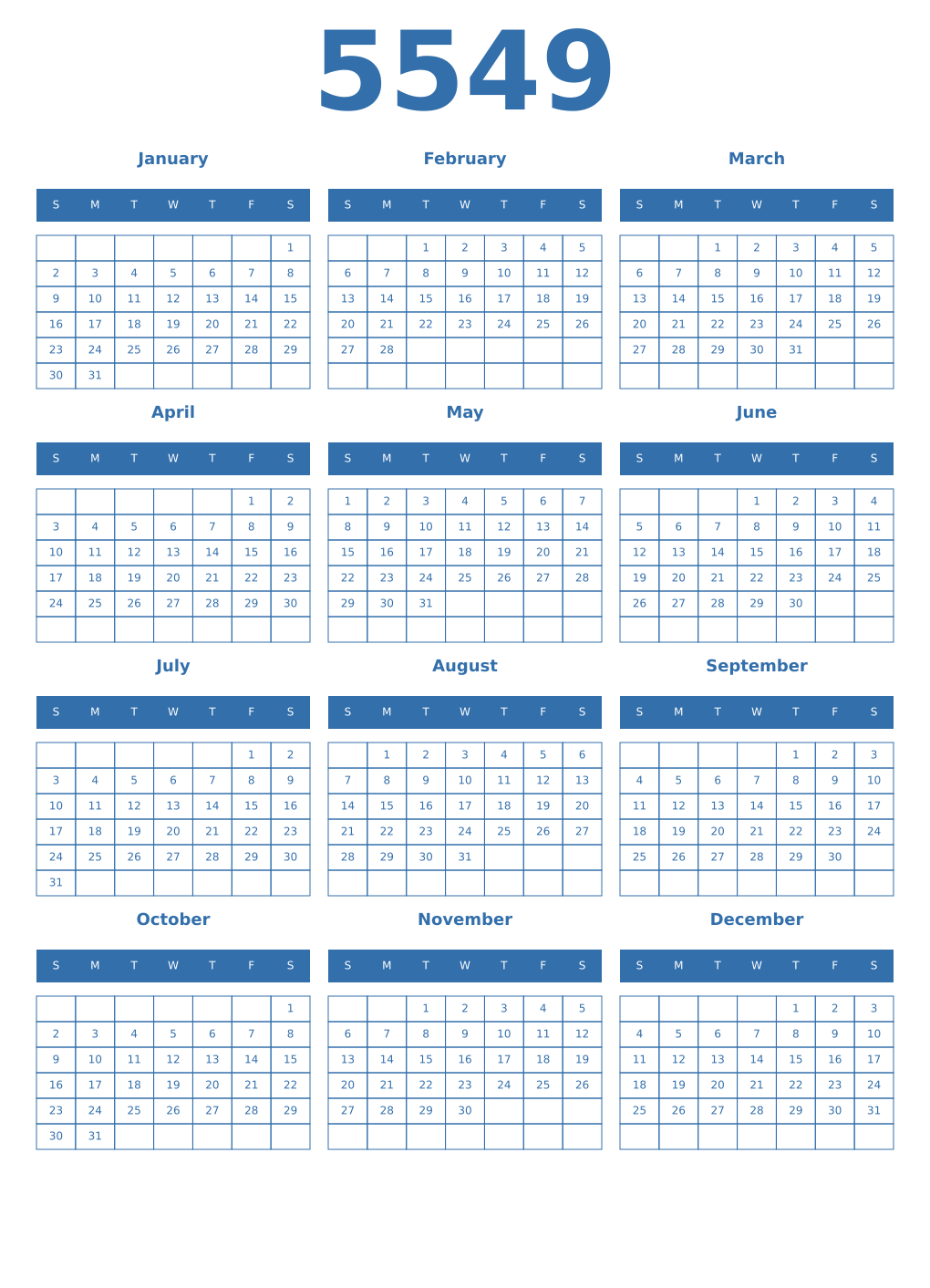 Printable 5549 Year Calendars blue