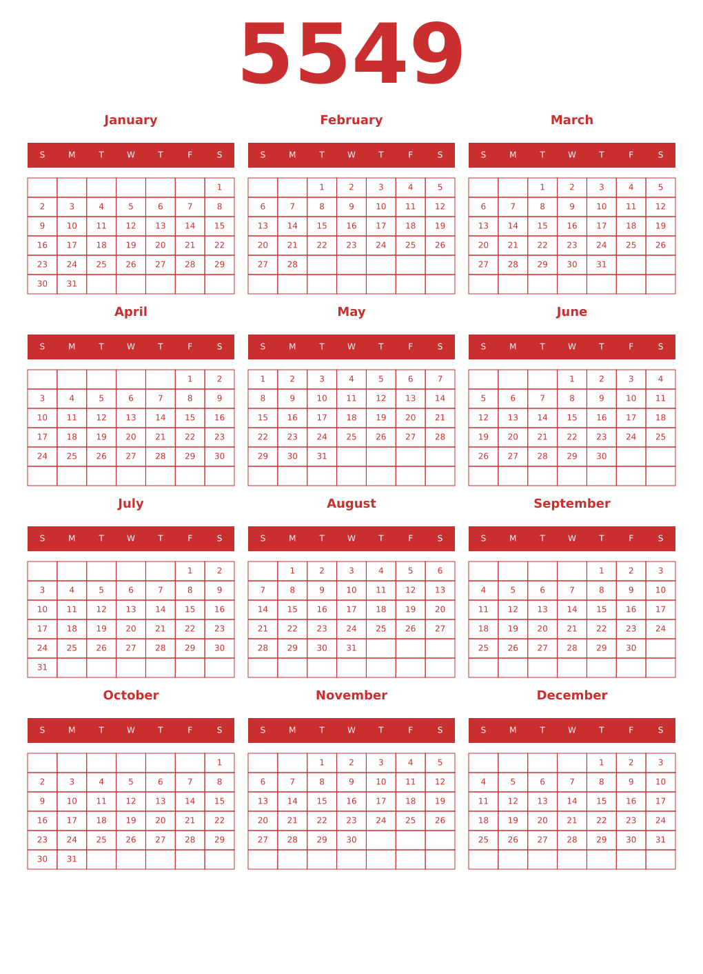 Printable 5549 Year Calendars red