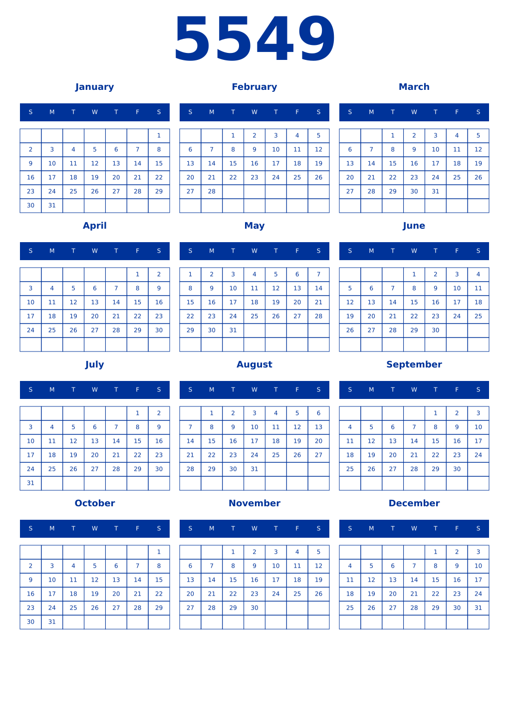 Printable 5549 Year Calendars smalt
