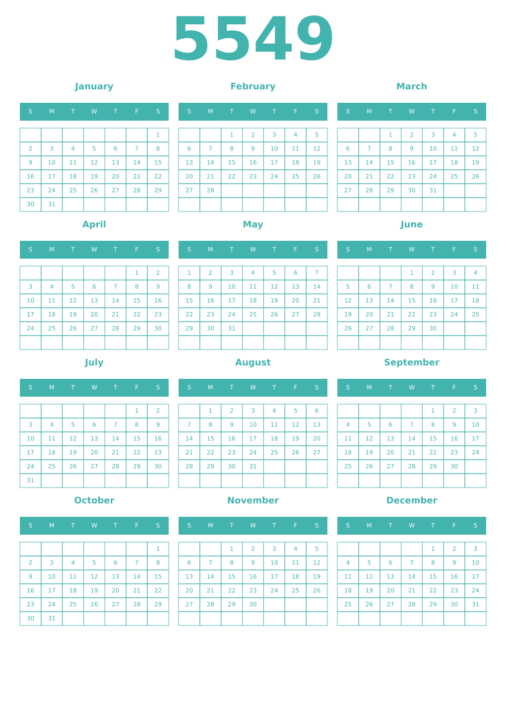 Printable 5549 Year Calendars verdigris