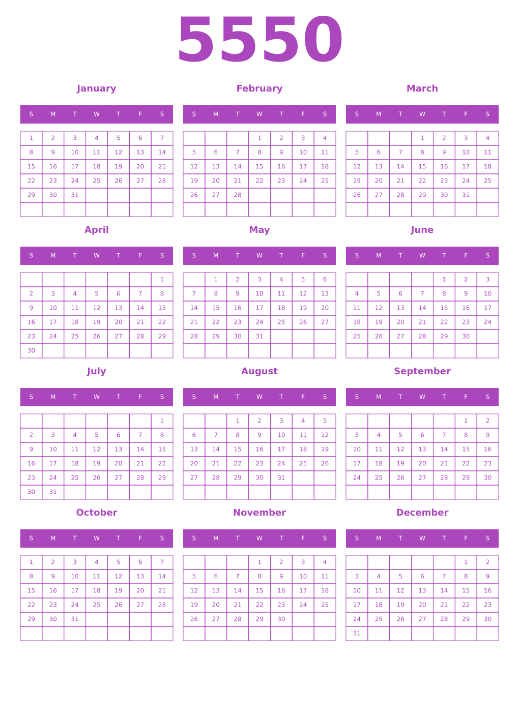 Printable 5550 Year Calendars purple