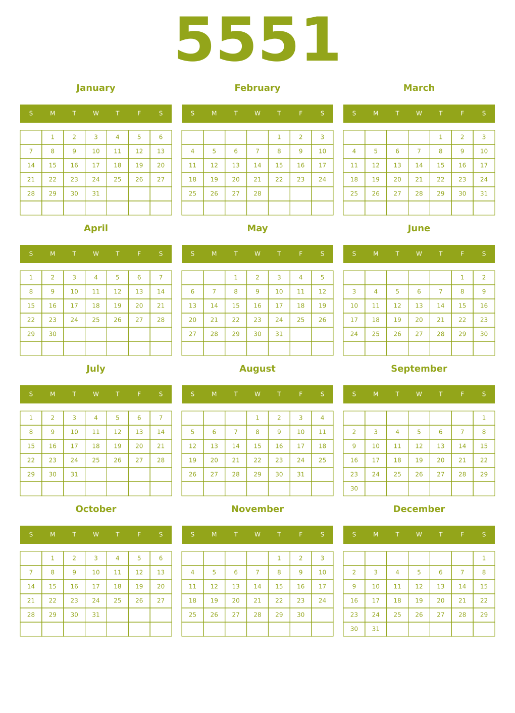 Printable 5551 Year Calendars chartreuse