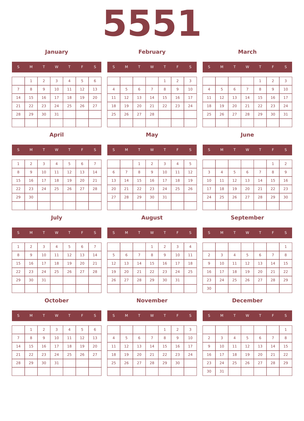 Printable 5551 Year Calendars cordovan