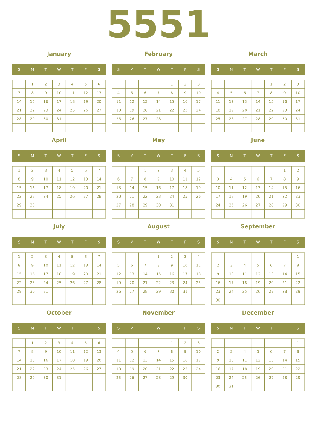 Printable 5551 Year Calendars eburnean