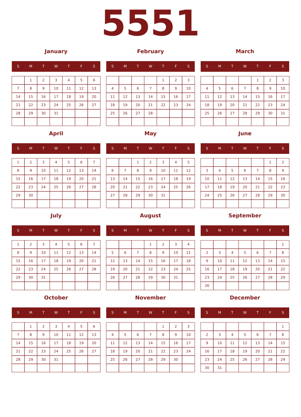Printable 5551 Year Calendars falu