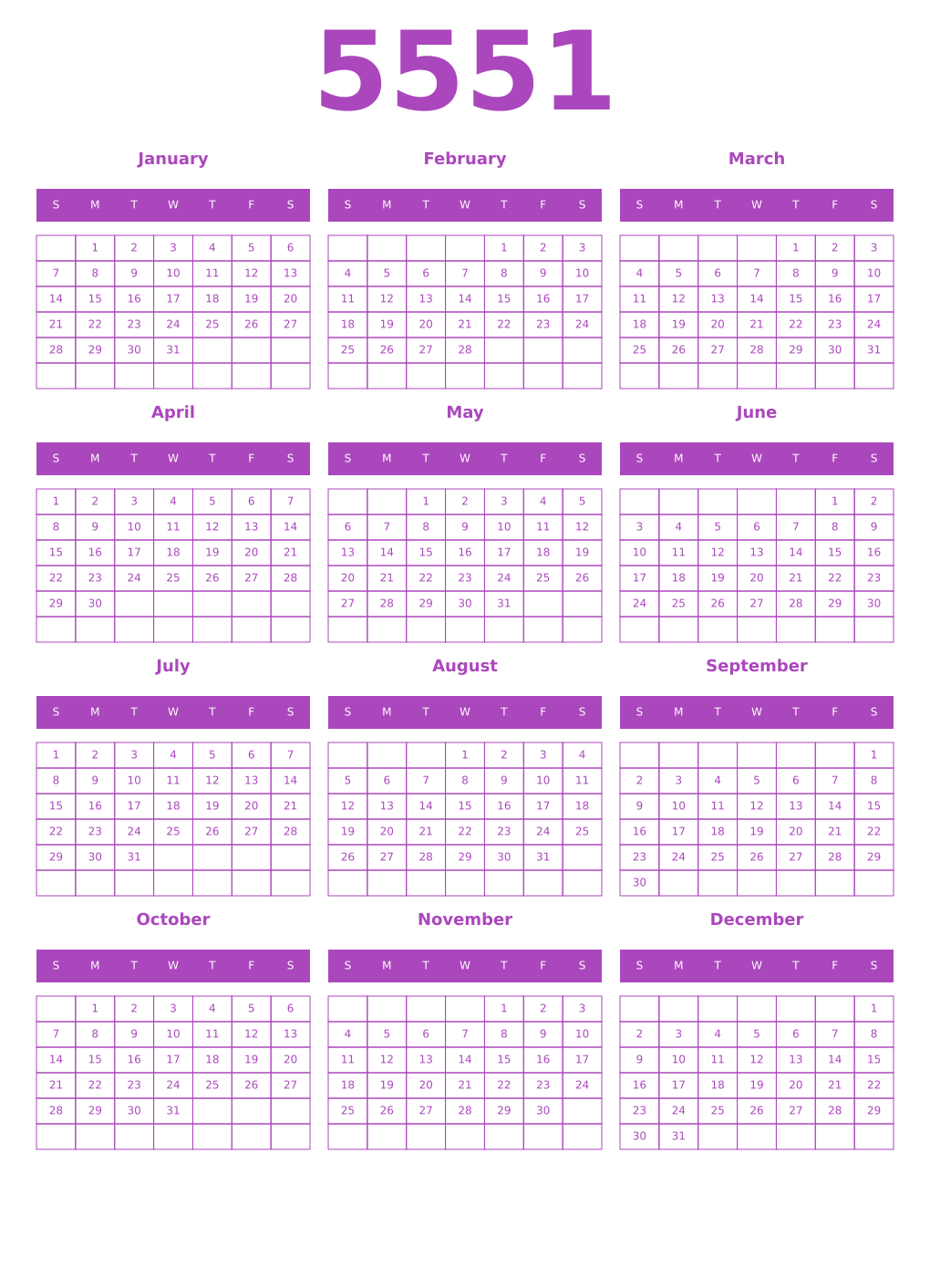 Printable 5551 Year Calendars purple