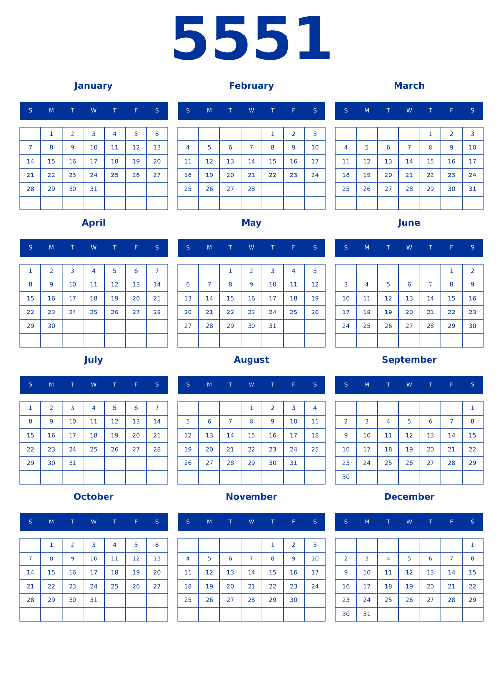 Printable 5551 Year Calendars smalt