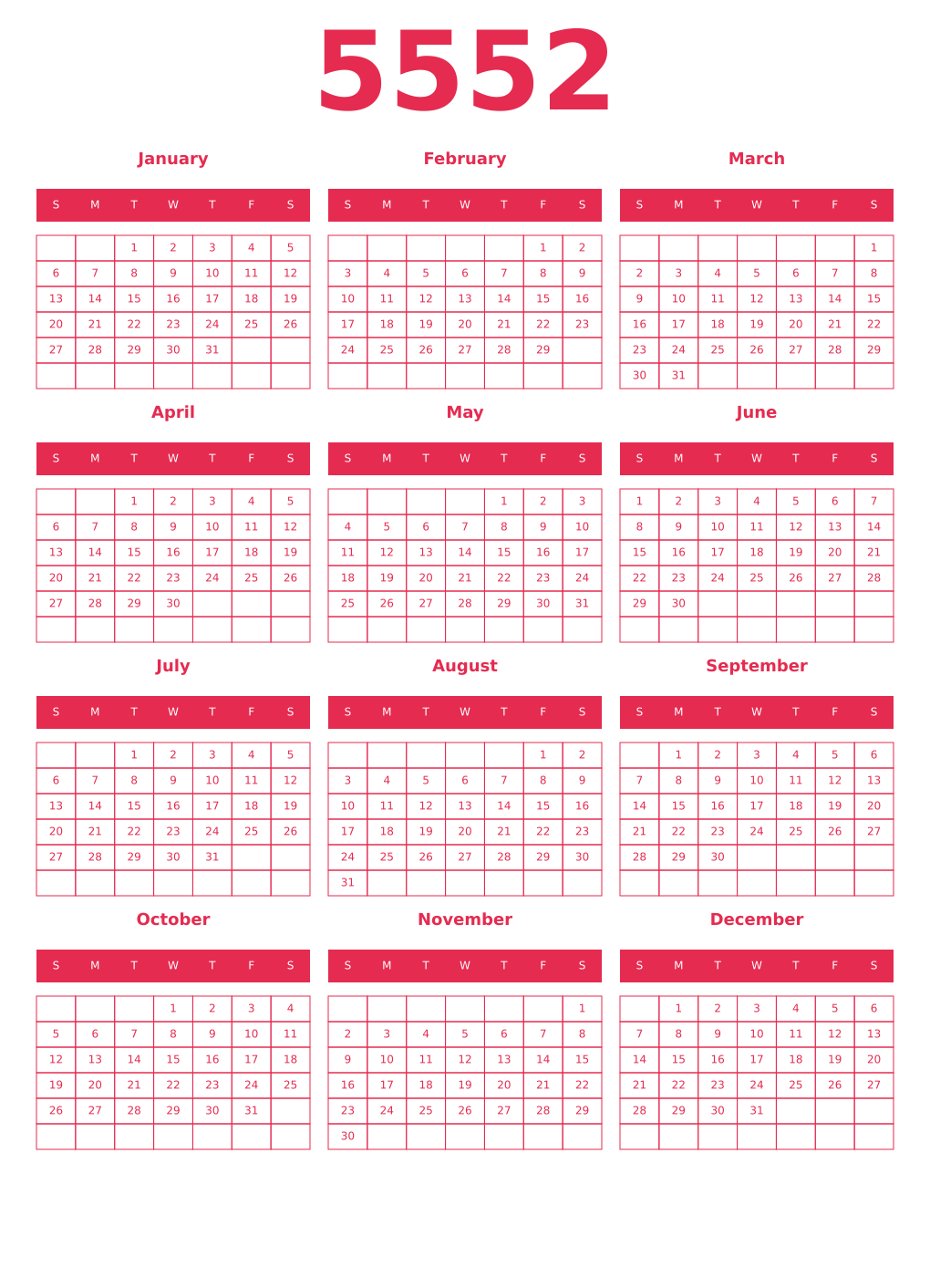 Printable 5552 Year Calendars amaranth