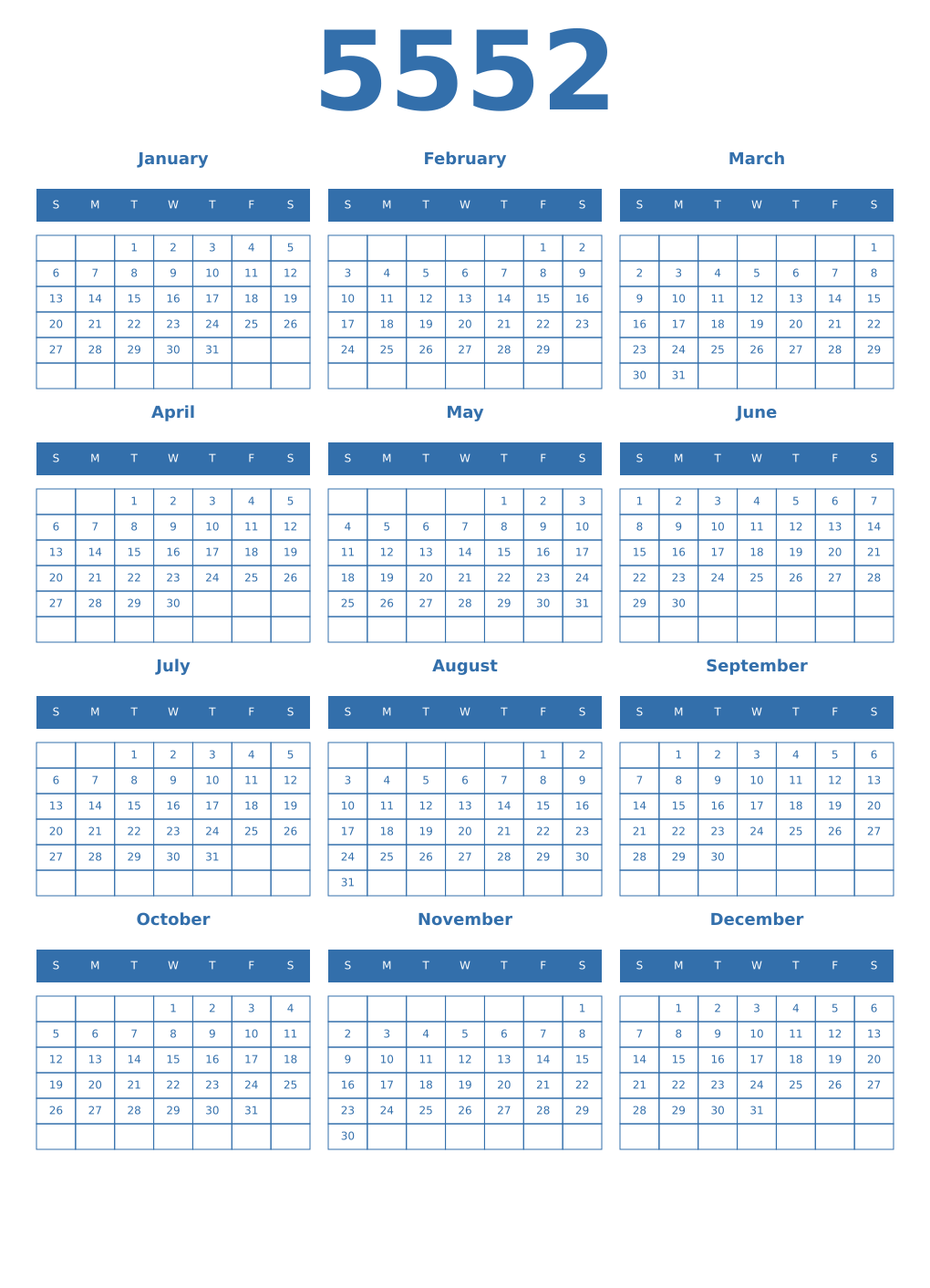 Printable 5552 Year Calendars blue
