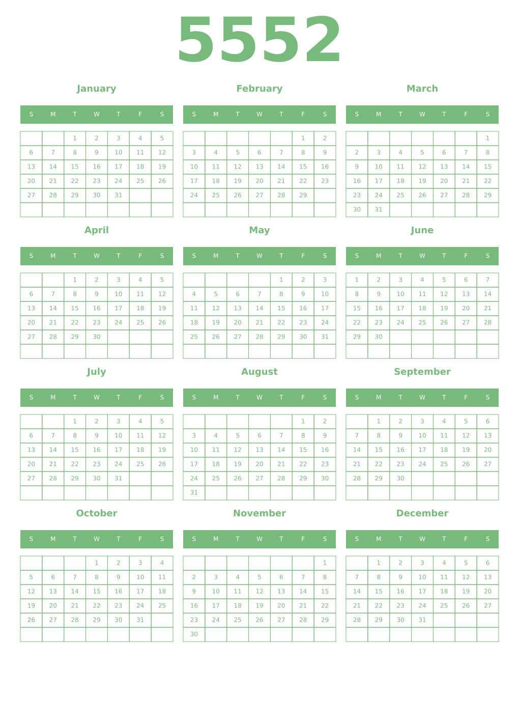 Printable 5552 Year Calendars celadon