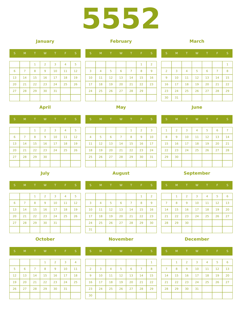Printable 5552 Year Calendars chartreuse