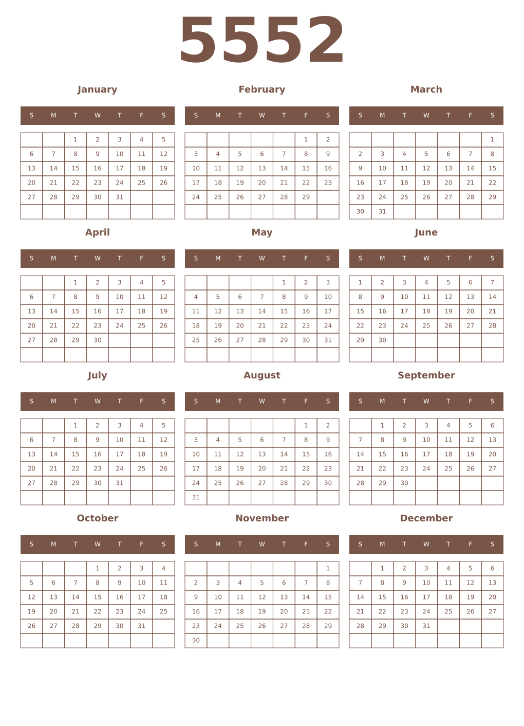 Printable 5552 Year Calendars coffe