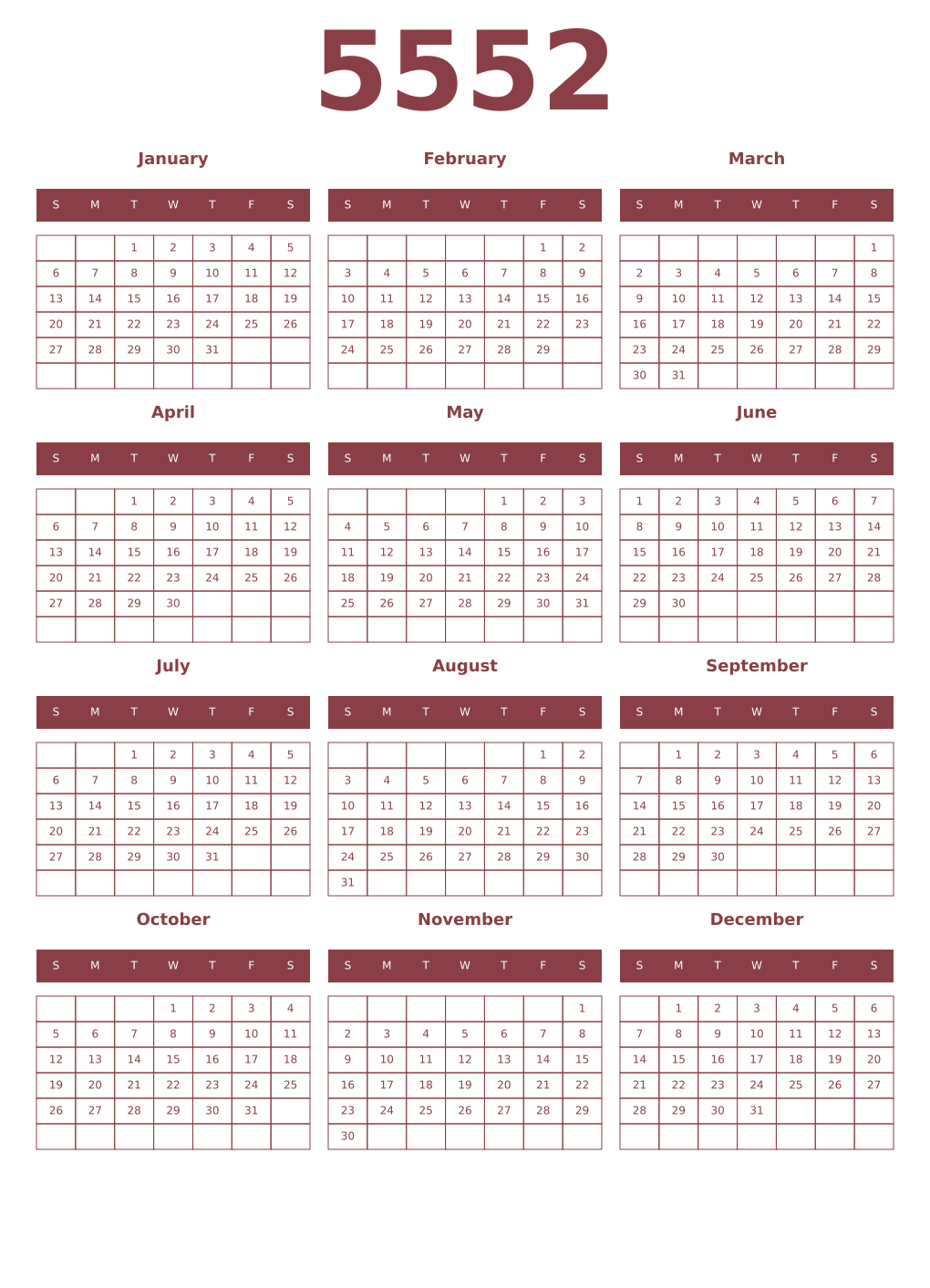 Printable 5552 Year Calendars cordovan