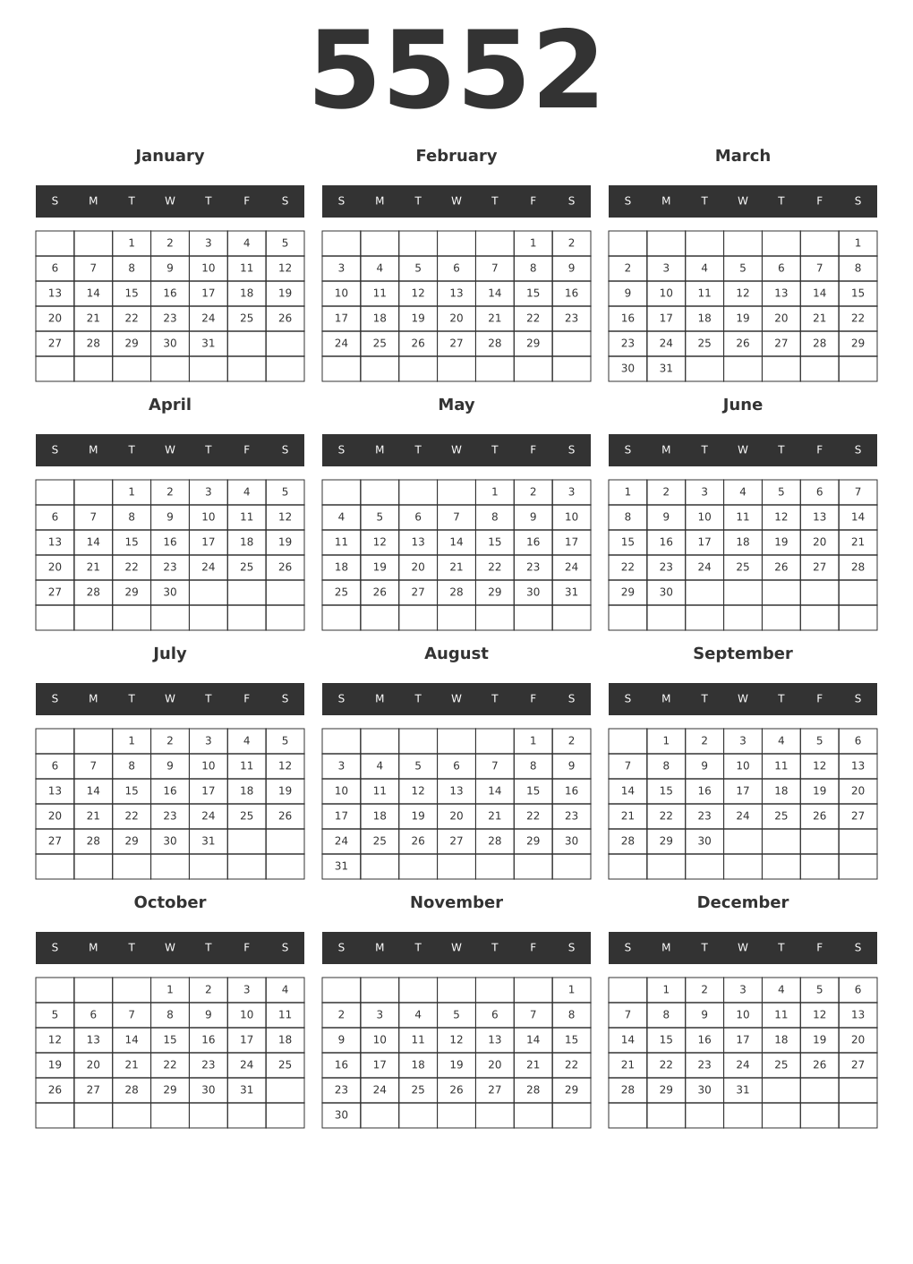 Printable 5552 Year Calendars dark