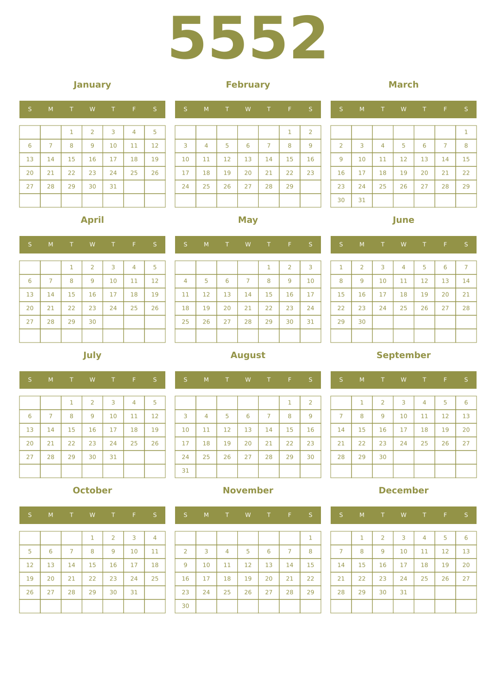 Printable 5552 Year Calendars eburnean