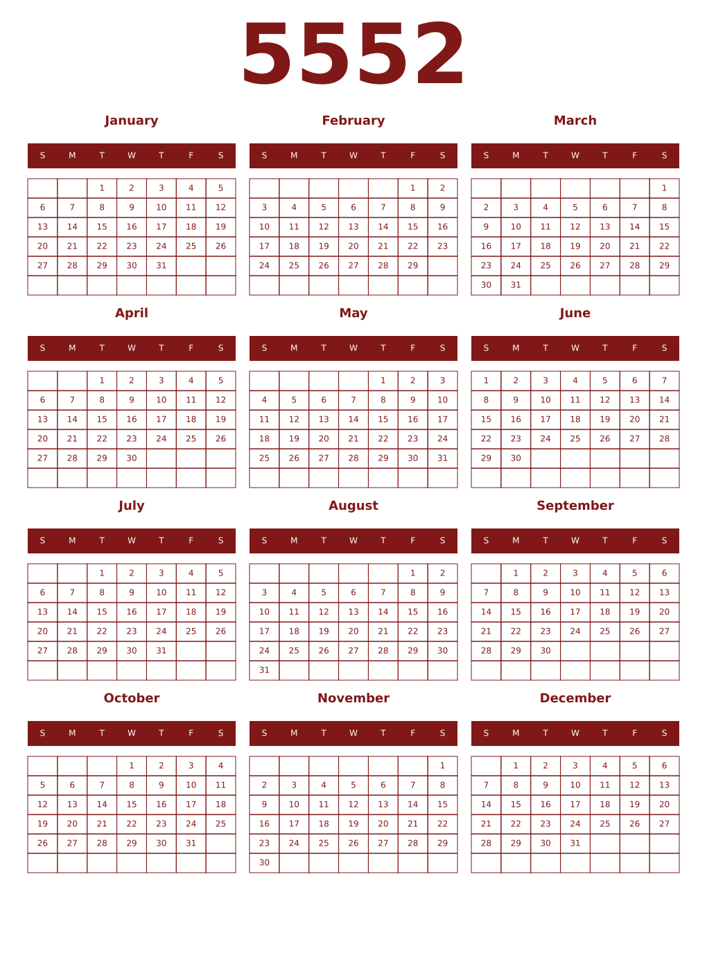 Printable 5552 Year Calendars falu