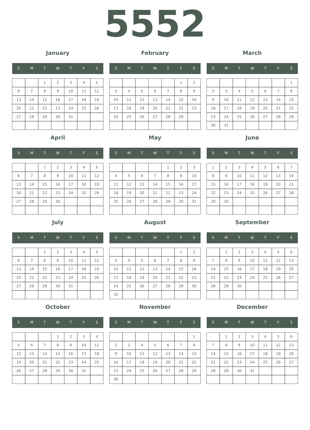 Printable 5552 Year Calendars feldgrau