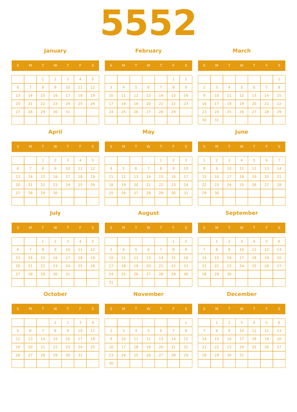 Printable 5552 Year Calendars gamboge