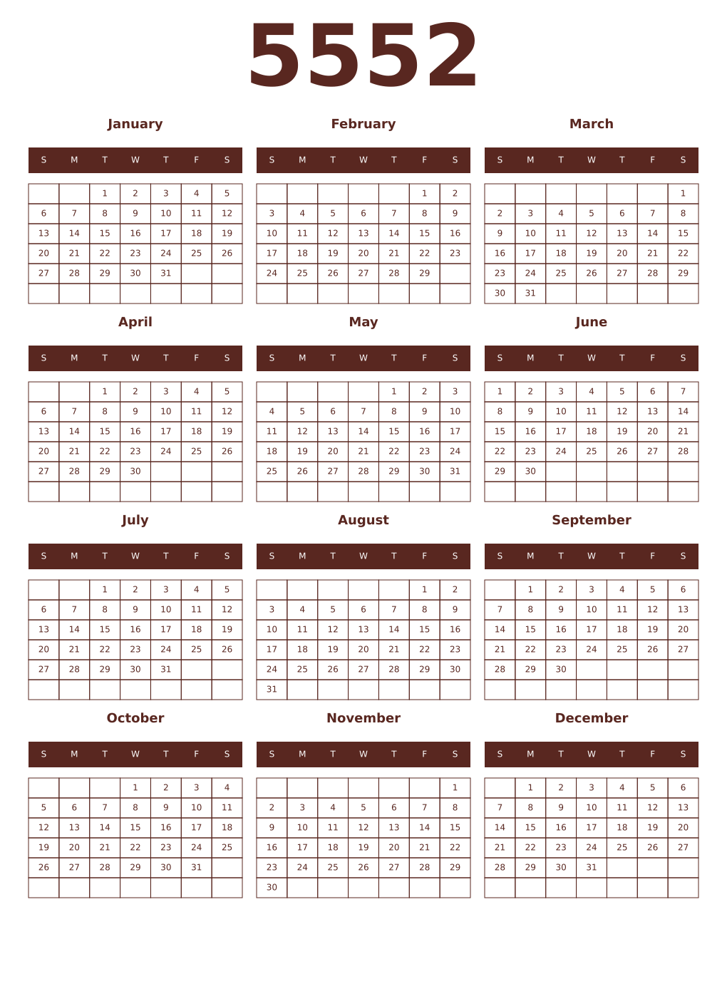 Printable 5552 Year Calendars mortuum