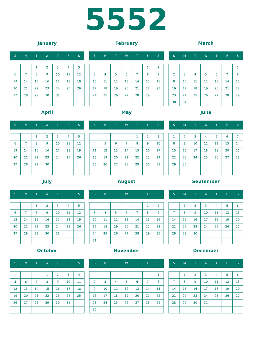 Printable 5552 Year Calendars pastel