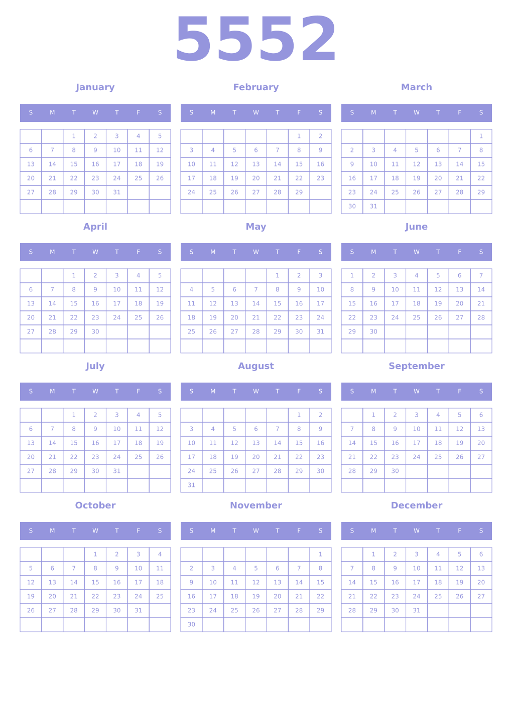 Printable 5552 Year Calendars periwinkle