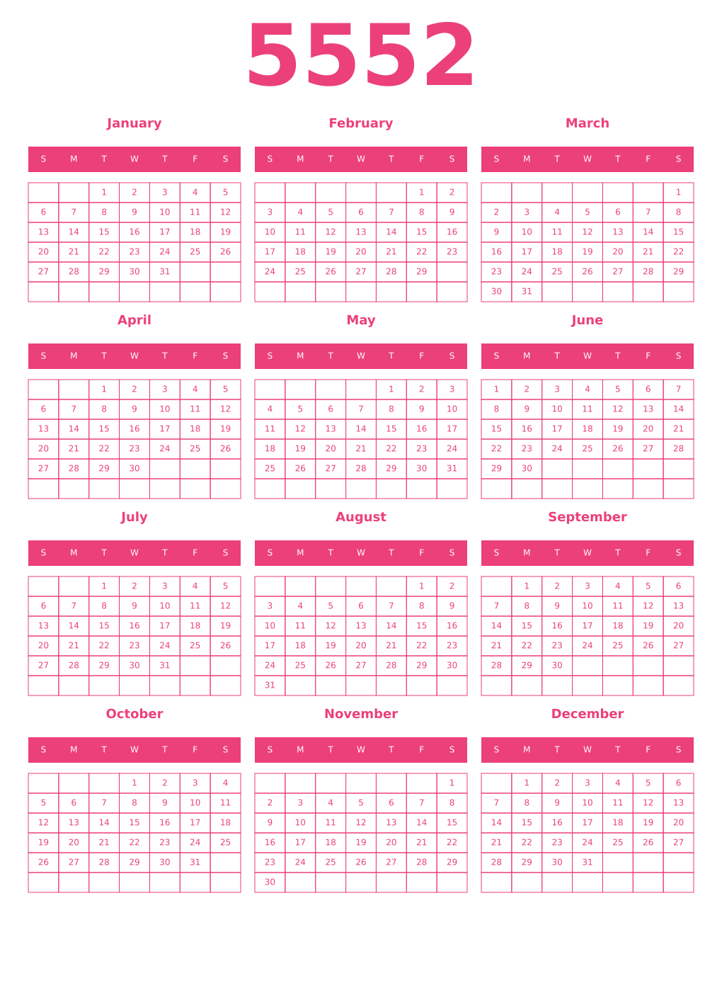 Printable 5552 Year Calendars pink