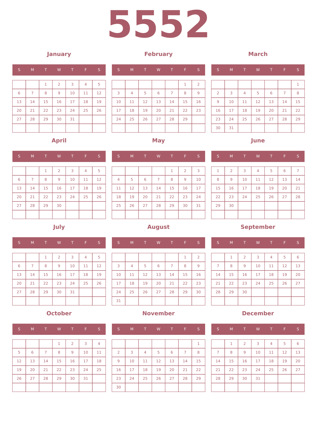 Printable 5552 Year Calendars puce