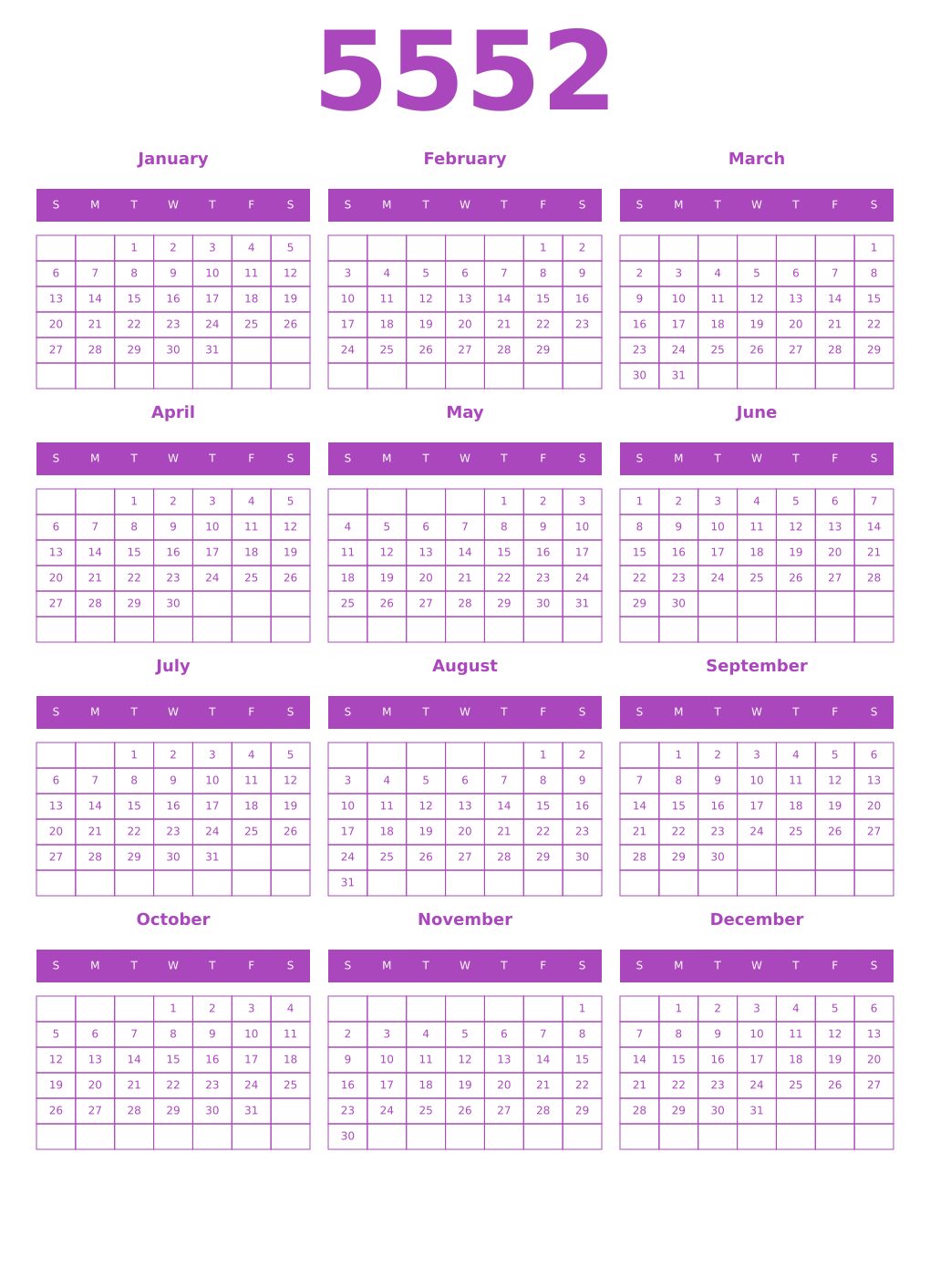 Printable 5552 Year Calendars purple
