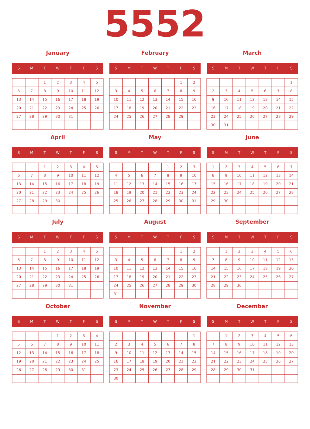 Printable 5552 Year Calendars red