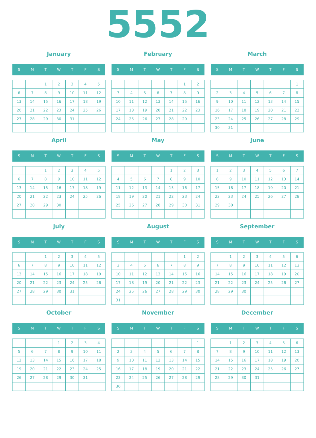 Printable 5552 Year Calendars verdigris