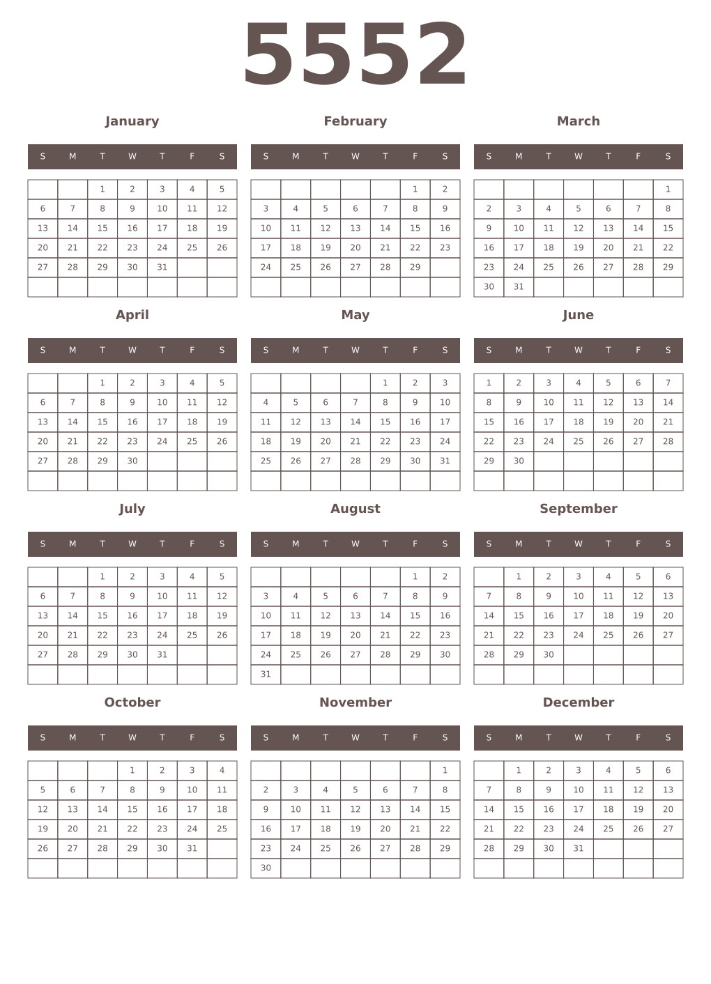 Printable 5552 Year Calendars wenge