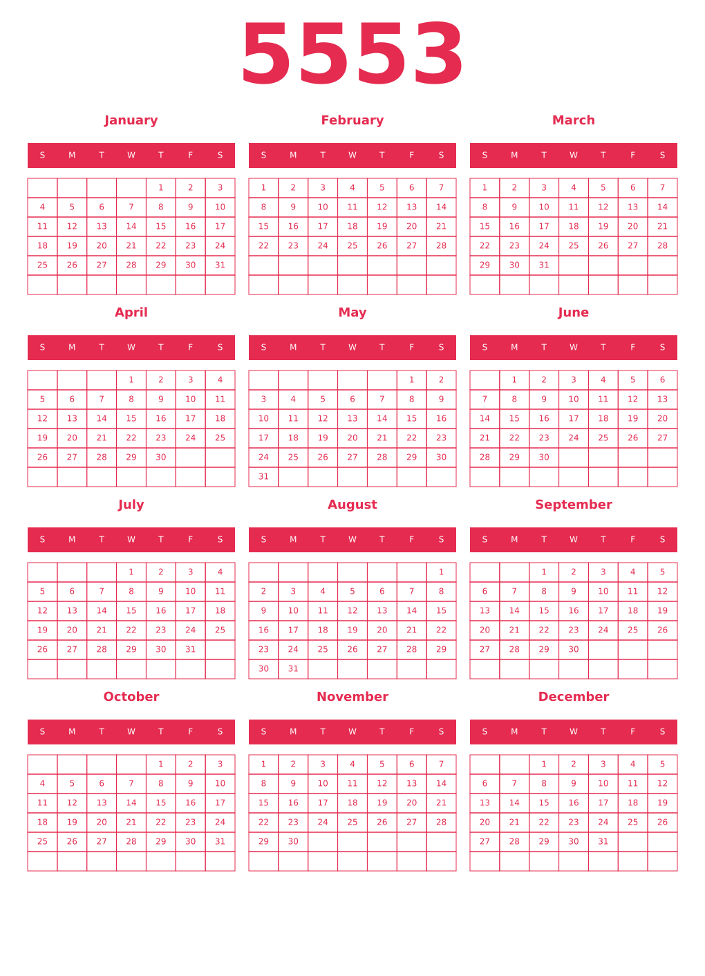 Printable 5553 Year Calendars amaranth