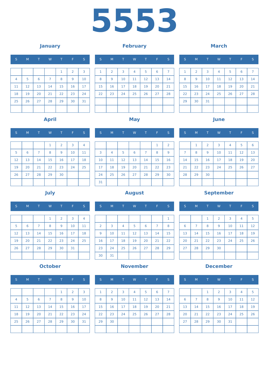Printable 5553 Year Calendars blue