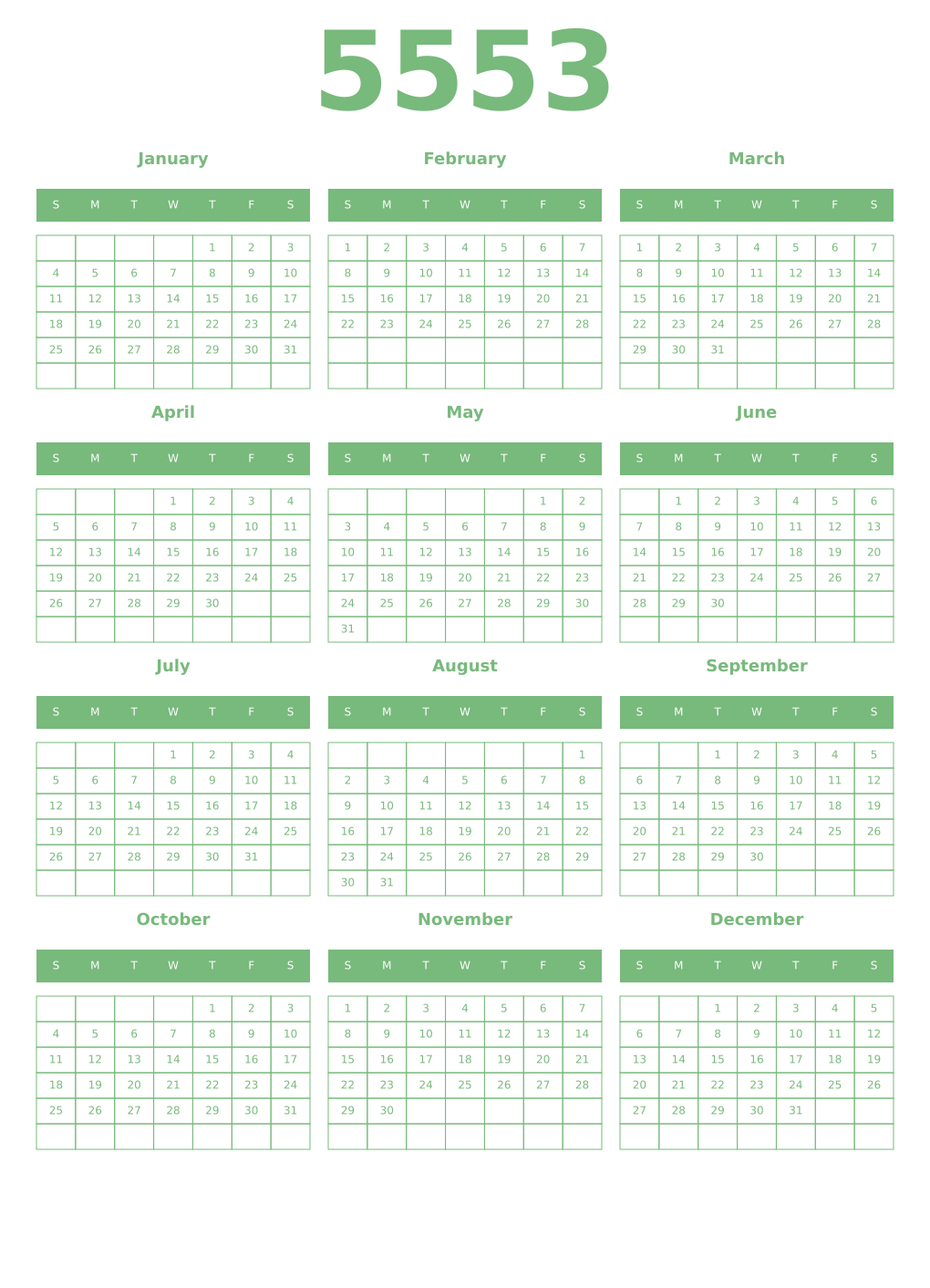 Printable 5553 Year Calendars celadon
