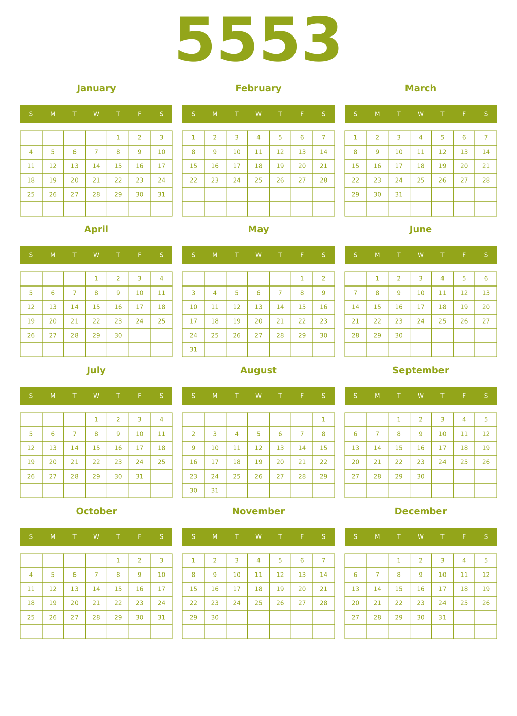 Printable 5553 Year Calendars chartreuse