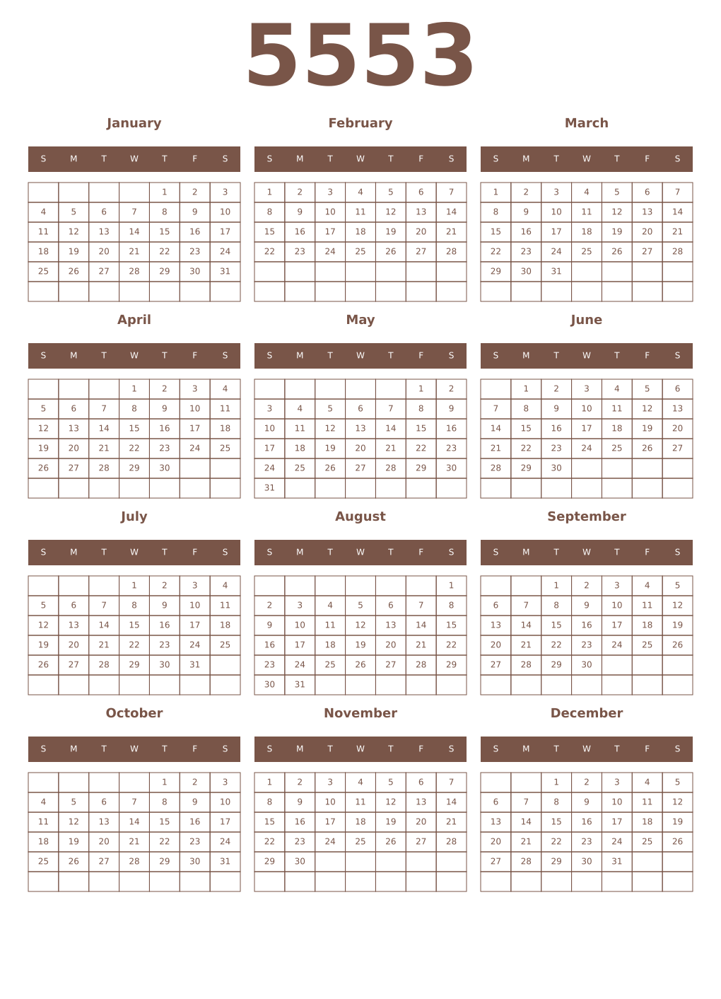 Printable 5553 Year Calendars coffe