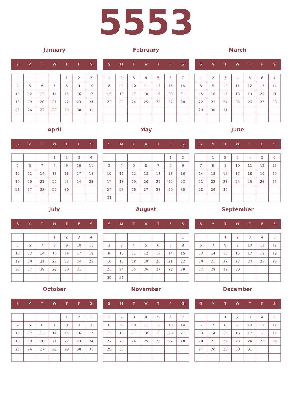 Printable 5553 Year Calendars cordovan
