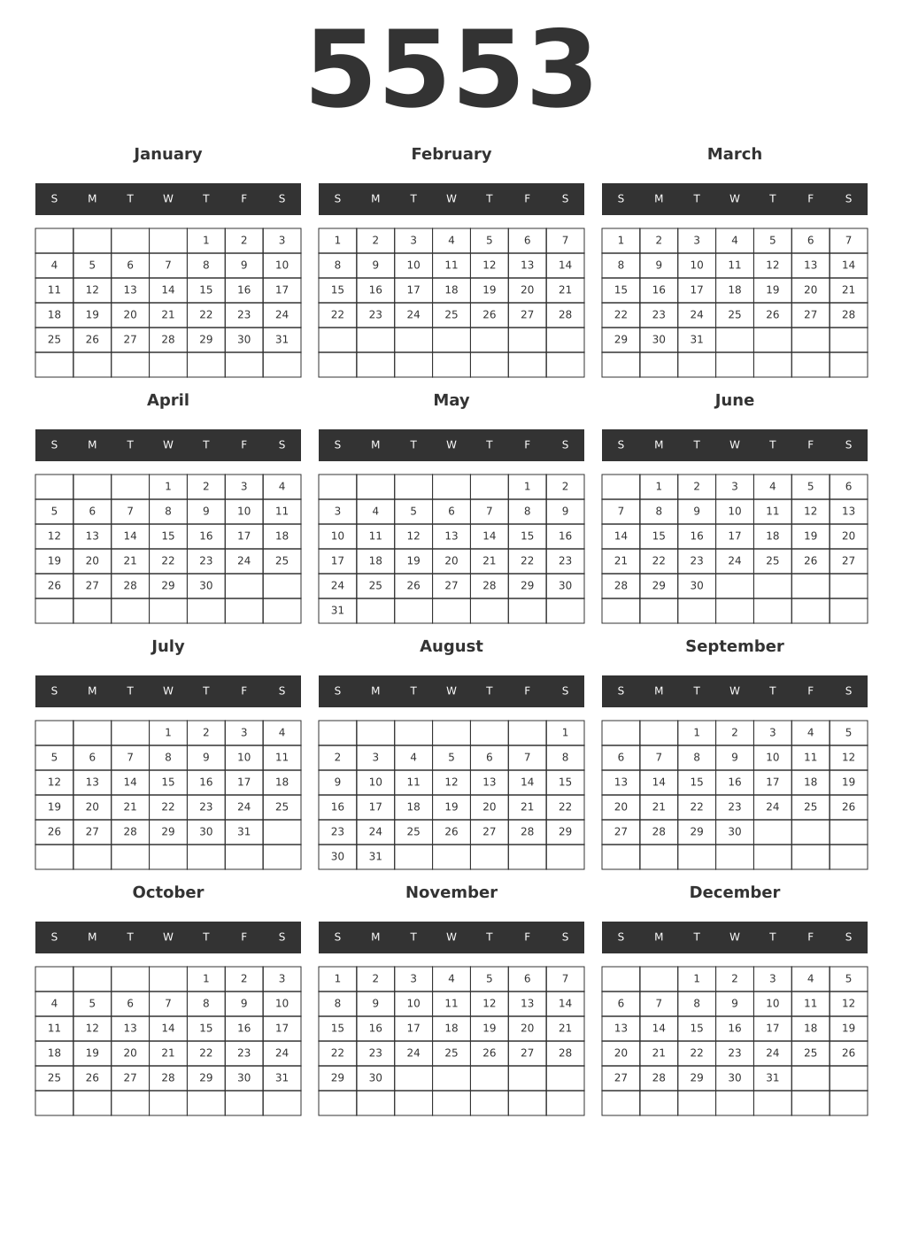 Printable 5553 Year Calendars dark