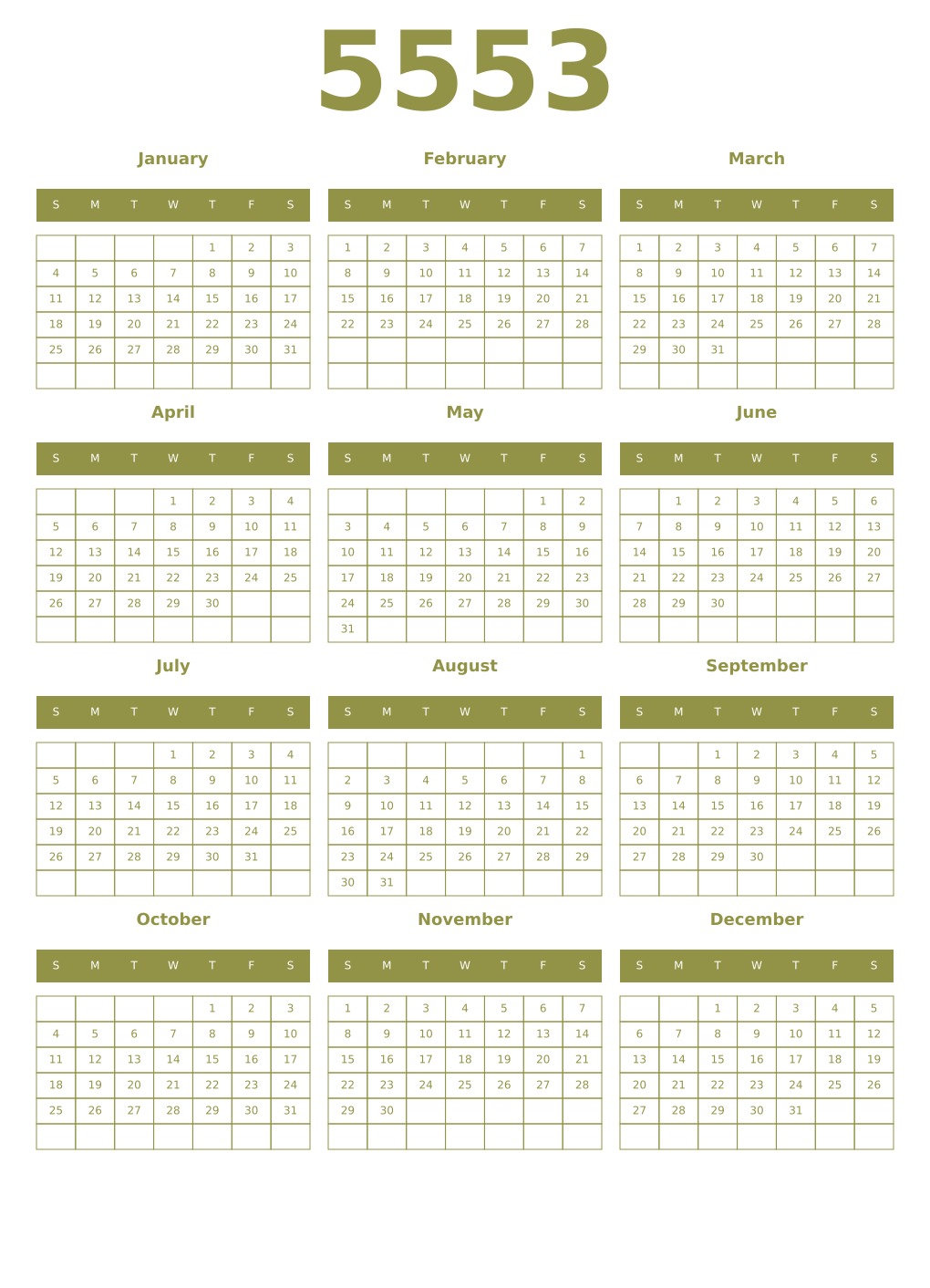 Printable 5553 Year Calendars eburnean