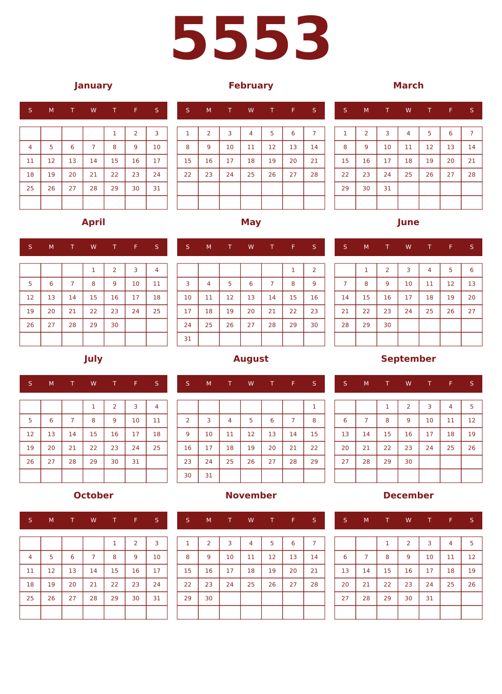 Printable 5553 Year Calendars falu