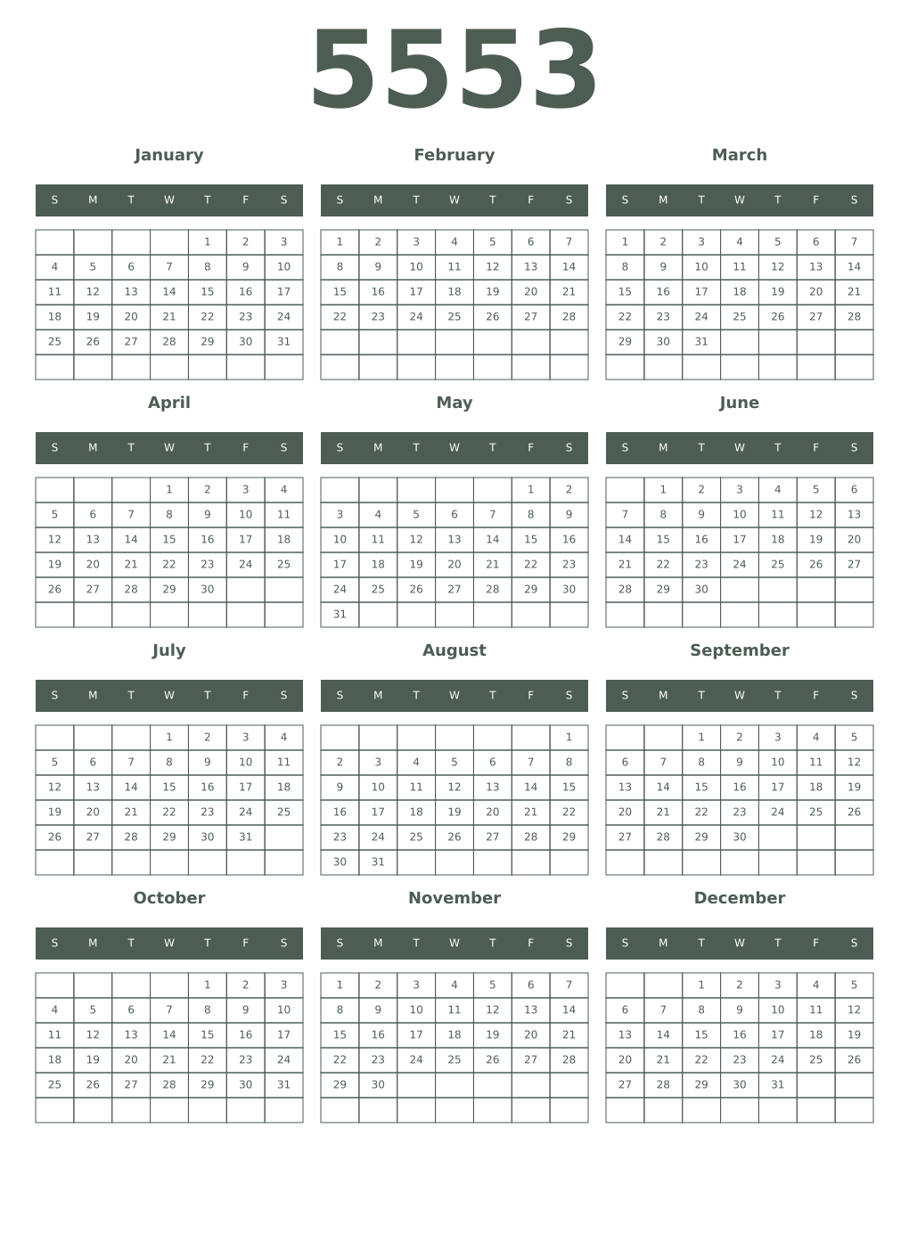 Printable 5553 Year Calendars feldgrau