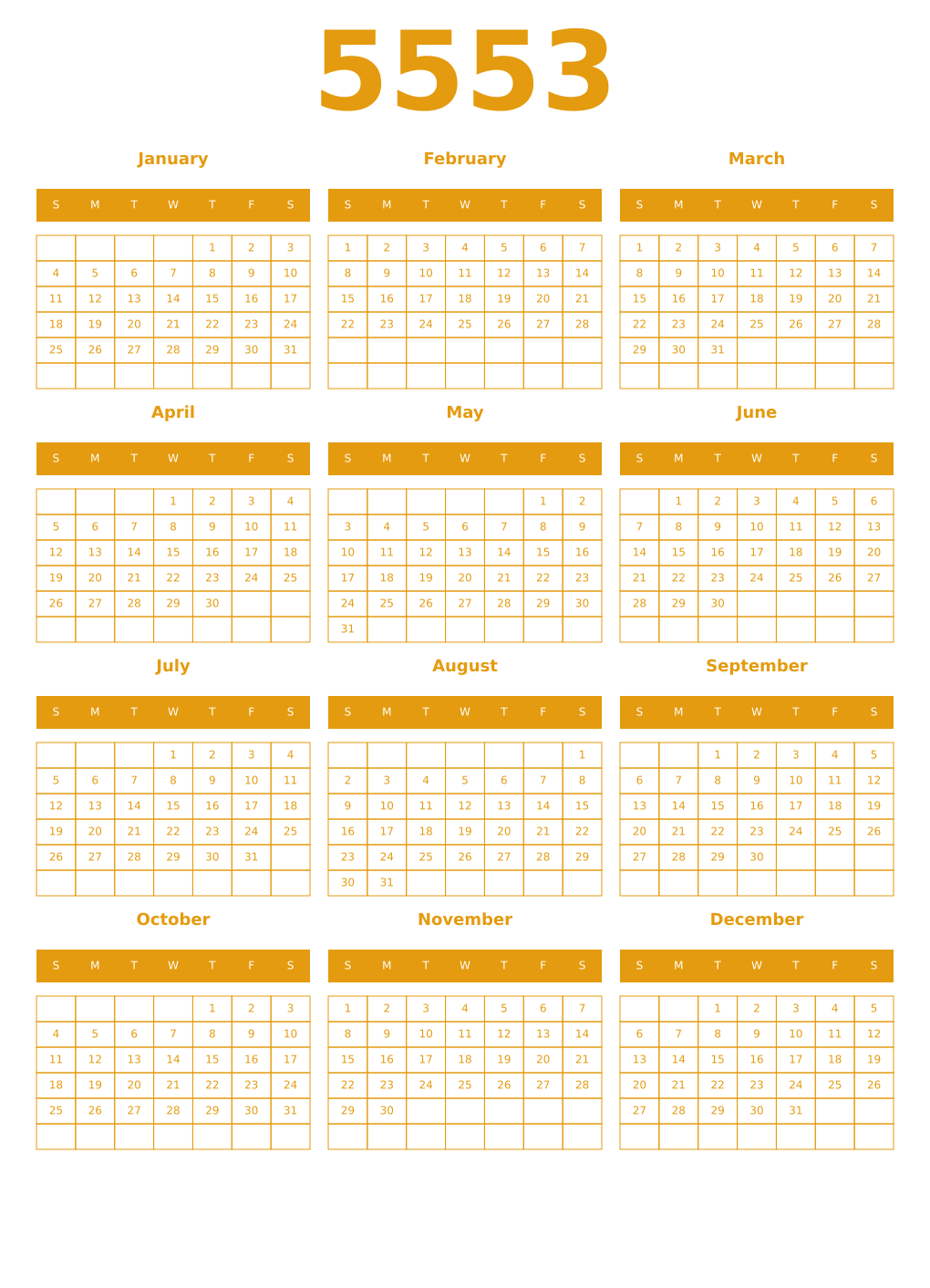 Printable 5553 Year Calendars gamboge