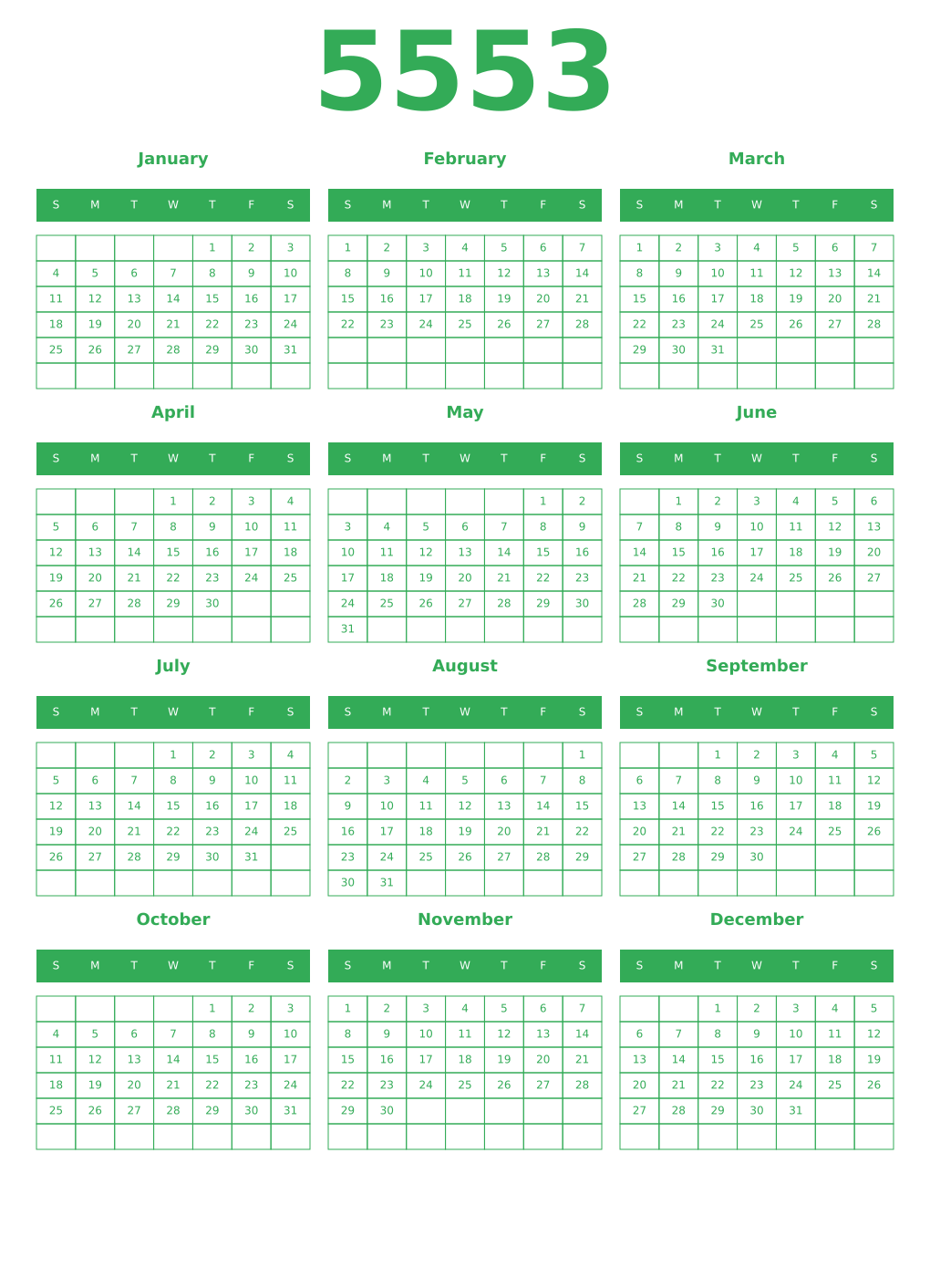Printable 5553 Year Calendars green