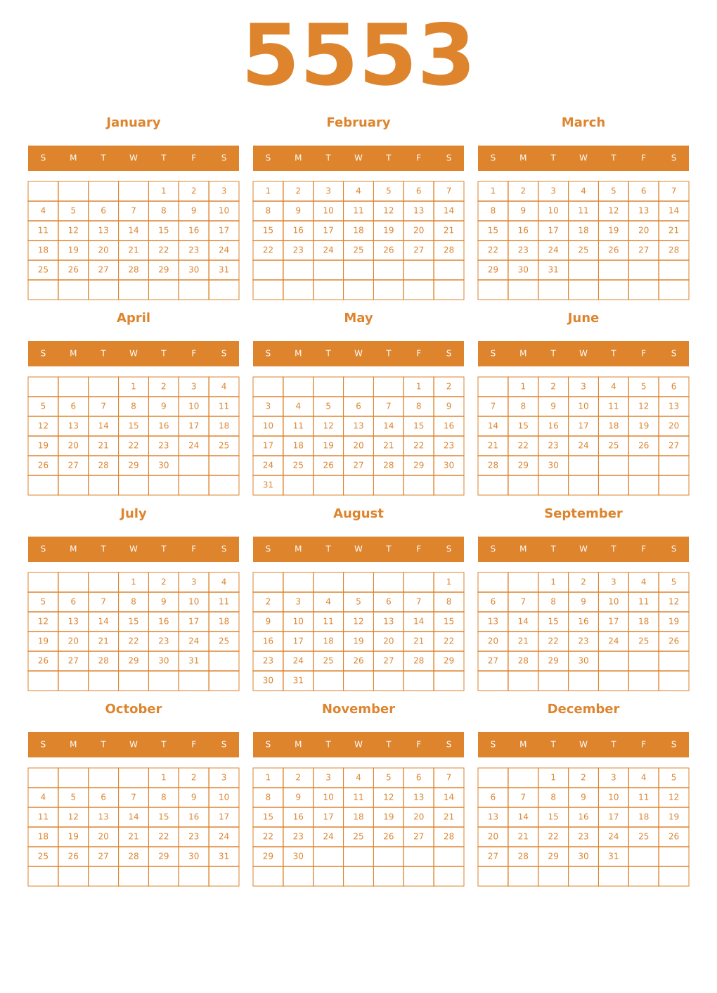 Printable 5553 Year Calendars orange